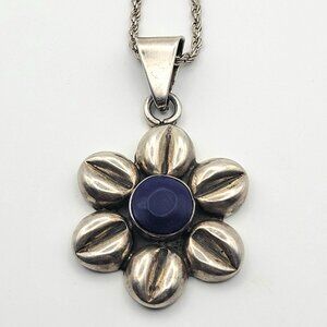 Vintage Taxco Flower Pendant Sterling Silver Lapis Lazuli Signed 925 CRC TR 83
